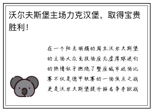 沃尔夫斯堡主场力克汉堡，取得宝贵胜利！